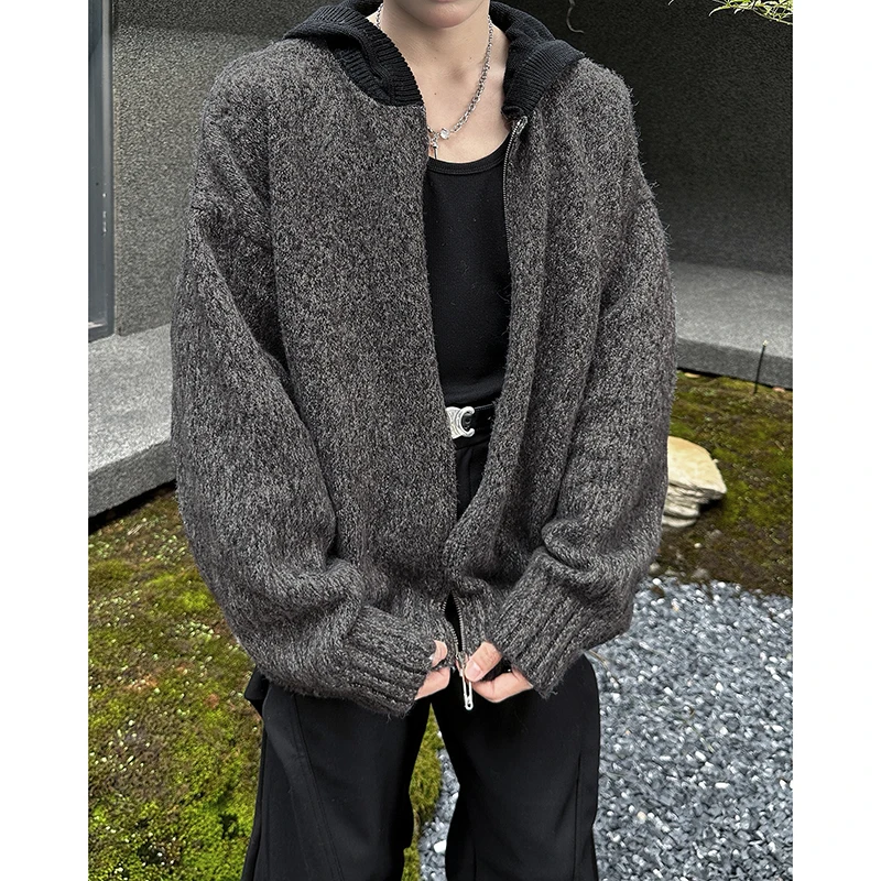 

ay Camere Open Cardigan Hoodie Men's Autumn Winter American Retro Heavyweight Loose Aosphere Knitted Sweater Coat