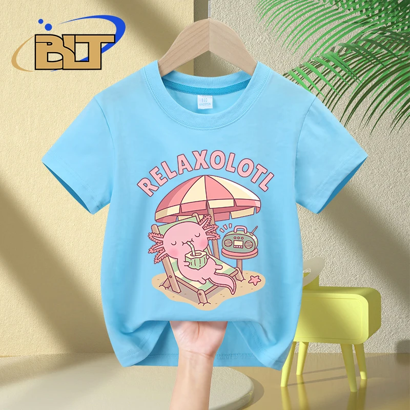 Cute Axolotl Relax A Lot kidsT-shirt summer pure cotton short-sleeved casual tops for boys and girls