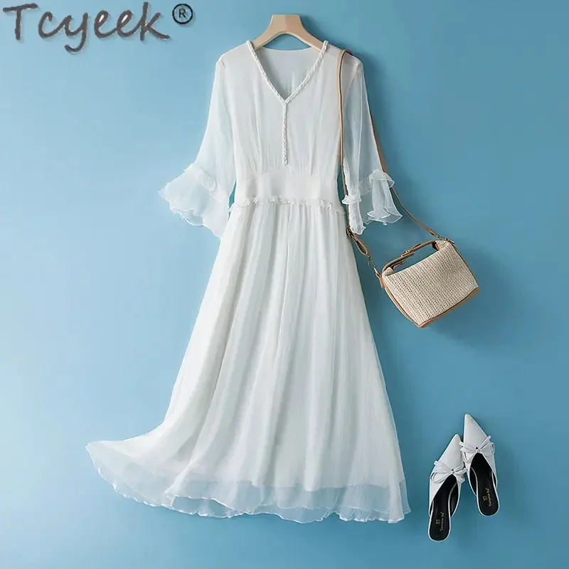 

100% Tcyeek Mulberry Ladies 2024 Summer es for Women Real Silk Elegant White Half Sleeve Beach Dress