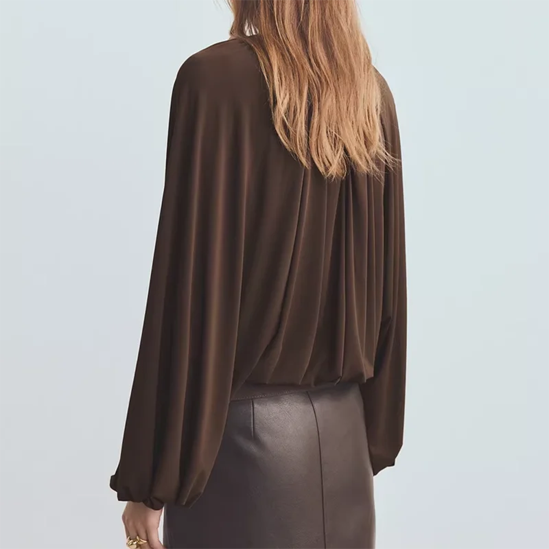 Spring New Arrival Women's Shirt Loose round Neck Lantern Sleeve Smooth Gathered Hemline Casual Fashionable Chinese Style