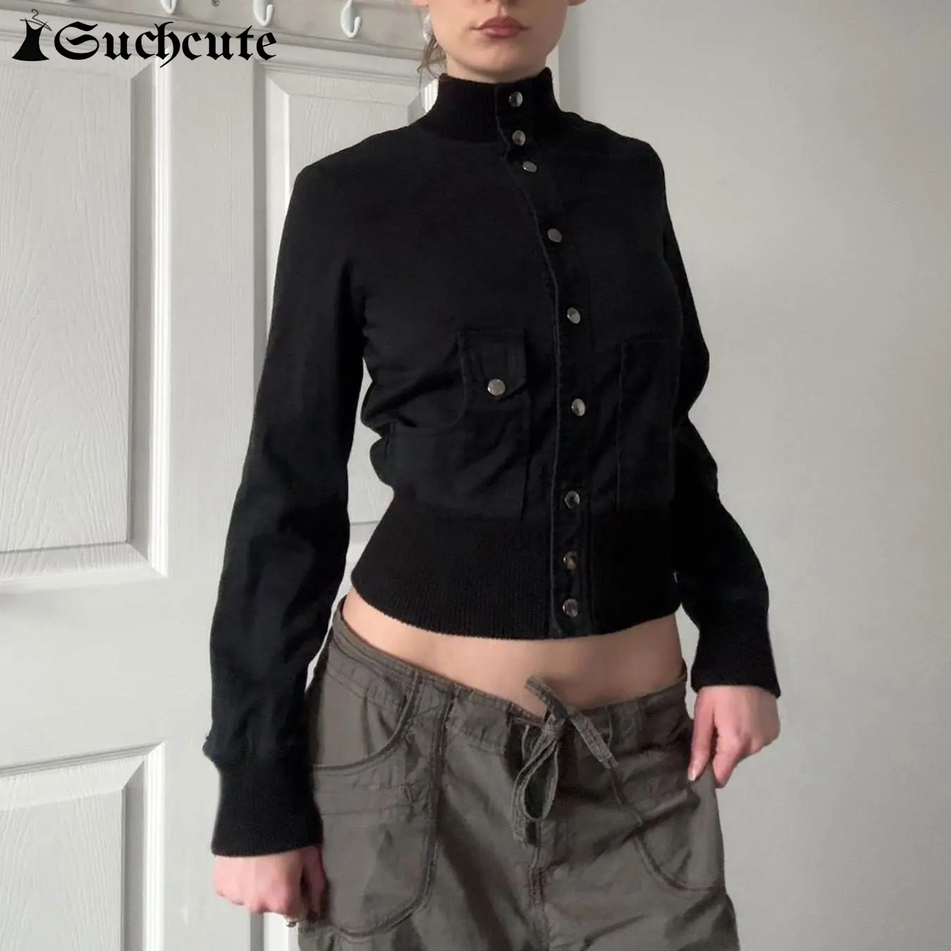 

SUCHCUTE Black Single-breasted Stand-up Jacket Women Casual Full Sleeve Coats Vintage 2000s Outwear y2k Outfits Autumn Cardigan
