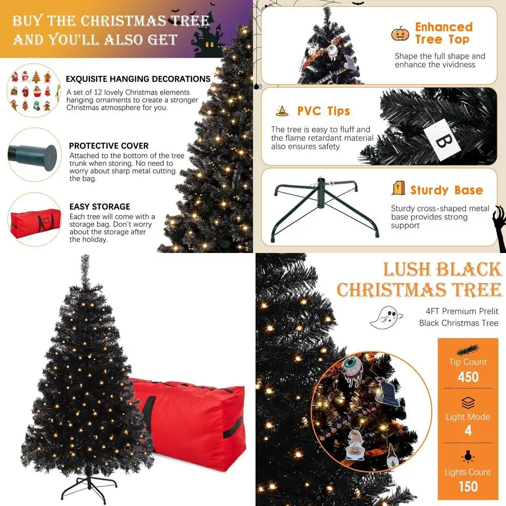 

Черная рождественская елка с предварительной подсветкой на 4 фута, 450 наконечниками из ПВХ, 150 теплых огней и складной подставкой для сезонного декора