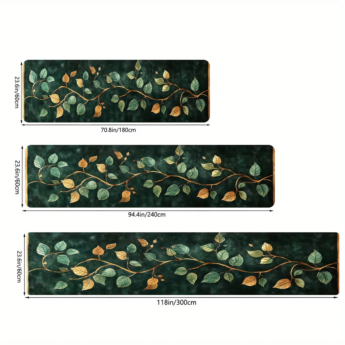 Oil Painting Gold Branch Runner Mat Anti Slip Washable Dark Green Leaf Plant Decor Rug for Kitchen Bedroom Hall Bathroom Laundry