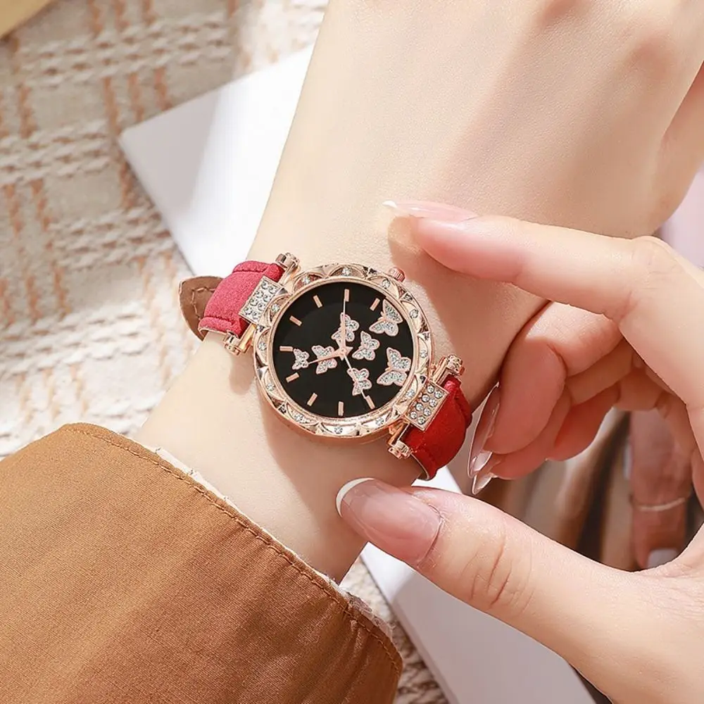 Elegant Leather Women Watches Rhinestone Butterfly Dial Quartz Watch Wristwatches Women