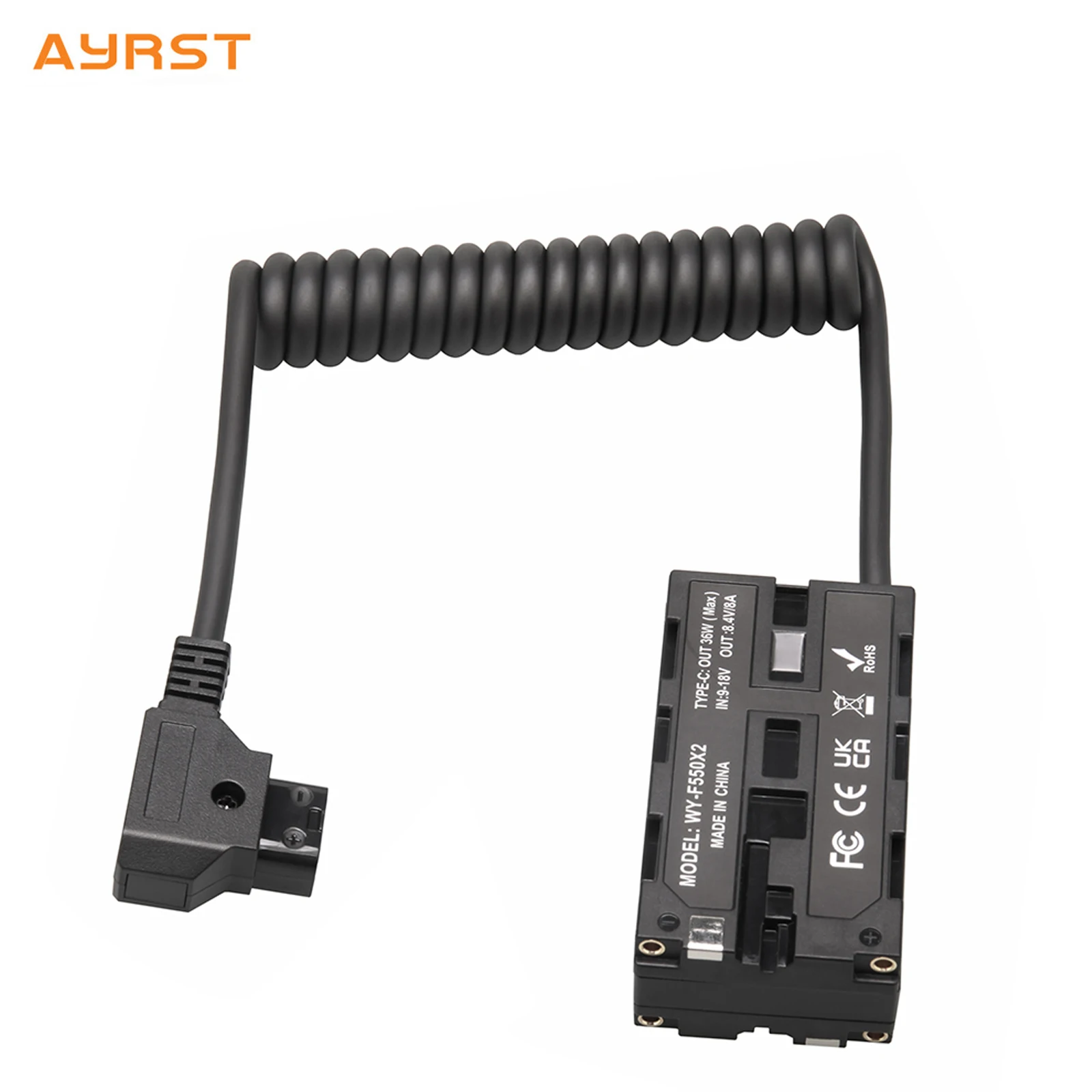 Cable en espiral D-Tap a batería ficticia NP-F550 de doble cara con acoplador de CC, accesorio para monitores, luces LED de video, transmisores y receptores