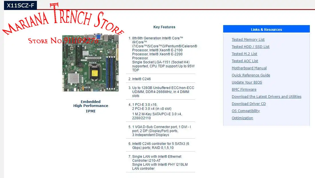 X11SCZ-F for Supermicro Motherboard 8th/9th Gen Core i3/i5/i7/i9 Xeon E-2100/E-2200 Series LGA-1151 DDR4 PCI-E3.0