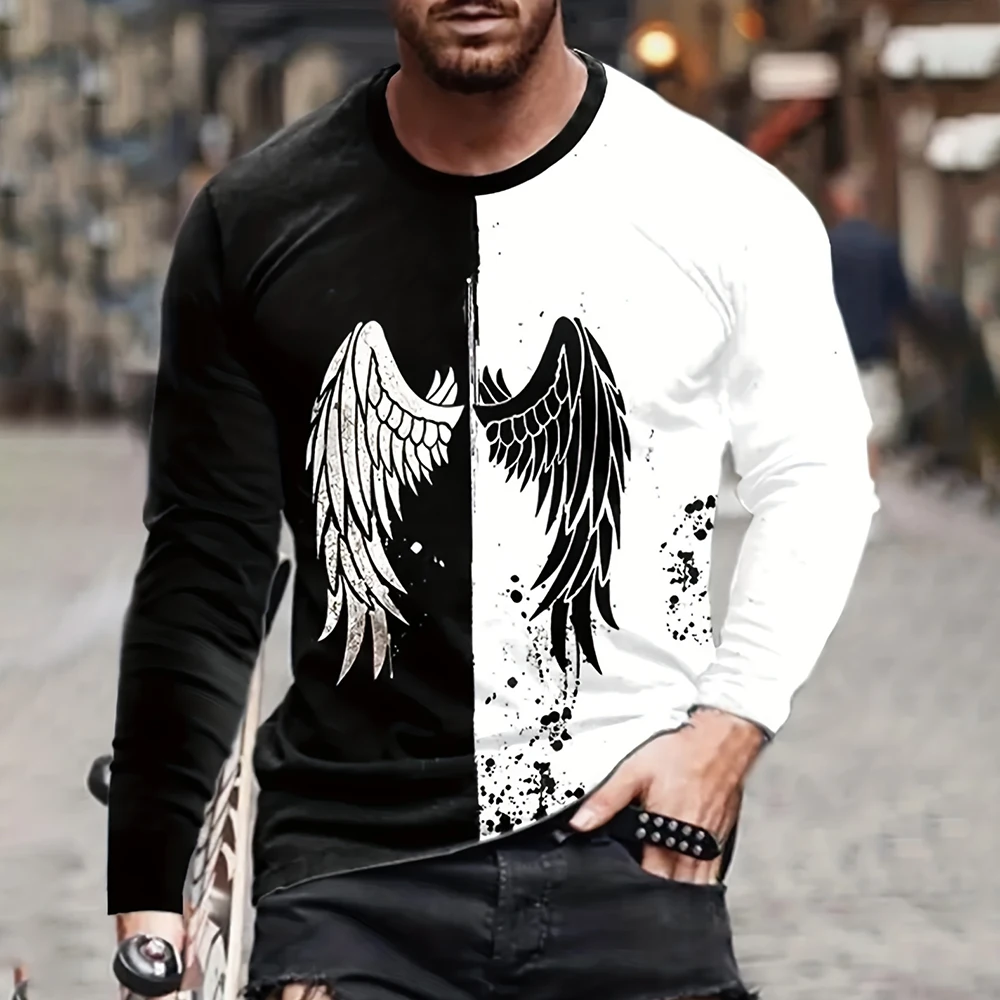

Funny Cross Wing Print T Shirt For Men Casual O-neck Long Sleeve T-shirt Hip Hop Trend Harajuku Vintage Clothes Loose Cotton Top