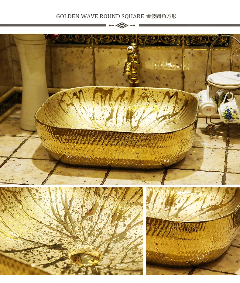 Oval Europe Style Handmade Countertop Ceramic wash basin Bathroom Basin Bathroom Sink porcelain oval wash basins gold color