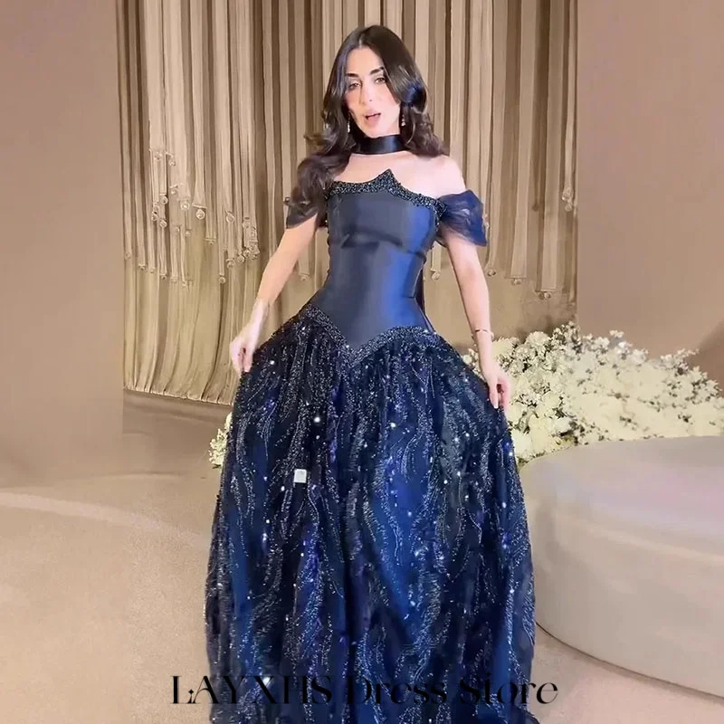 

LAYXHS Fashion Navy Blue Evening Dresses Off the shoulder A-Line Beaded Applique Formal Party Prom Gowns Customized فساتين سهرات