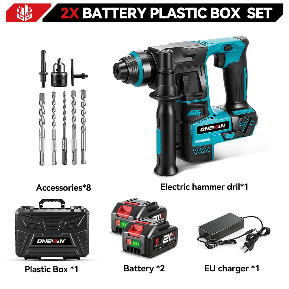ONEVAN 2500W Bürstenloser Elektrohammer 3500 U/min Kabelloser Leichter Bohrhammer Schlagbohrmaschine für Makita 18V Akku