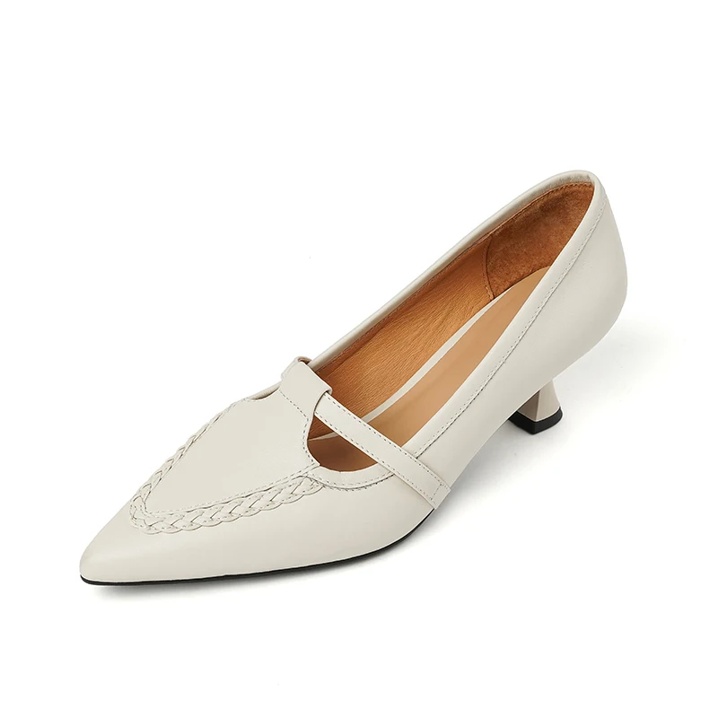 

Fashion Stiletto Heel 5cm Pointed Toe Loafers T-Strap Woven Genu Cow Leather Rubber Sole Slip-On Black Beige Apricot