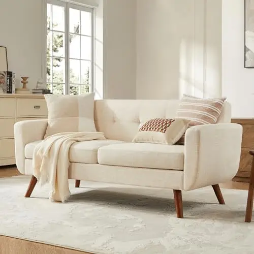 65' Beige Button Tufted Loveseat Sofa, Modern Living Room Couch