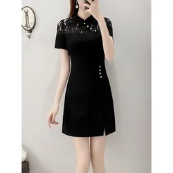Summer New Women's Solid Color French Lace Splicing Stand Up Collar Fashion Slim Short Sleeve Chinese Style Split Slit Dress