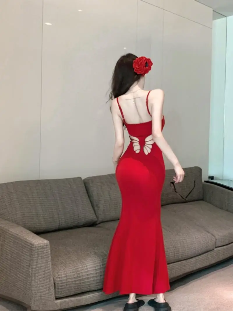 Mid length waist collection butterfly backless stunning dress summer slim fit hip wrap suspender long dress Vintage Dresses