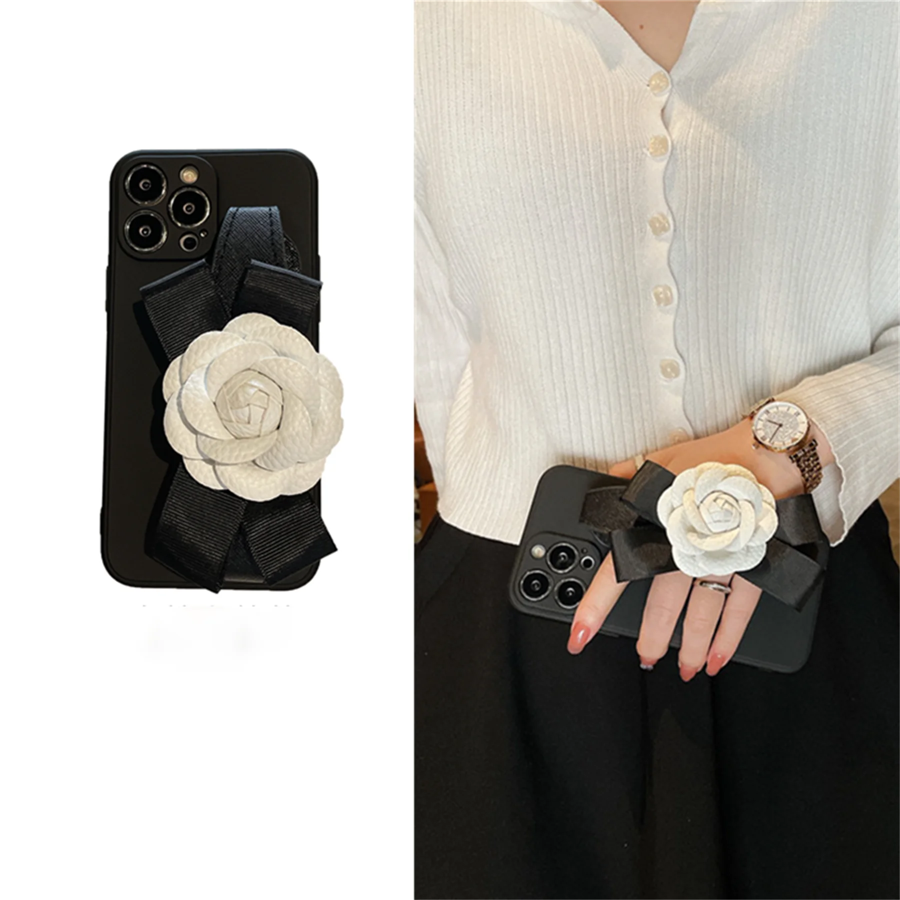 Funda de teléfono negra de Color sólido de lujo para personas mayores con correa para la muñeca de flor de Camelia para iPhone 17 16 15 14 13 12 Pro Max contraportada