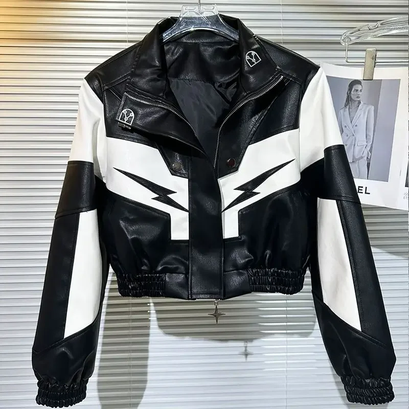 

Faux Leather Jacket Streetwear Patchwork Women Bomber Jackets Classic Black White PU Women's Moto Biker Zipper Jacket Outwears