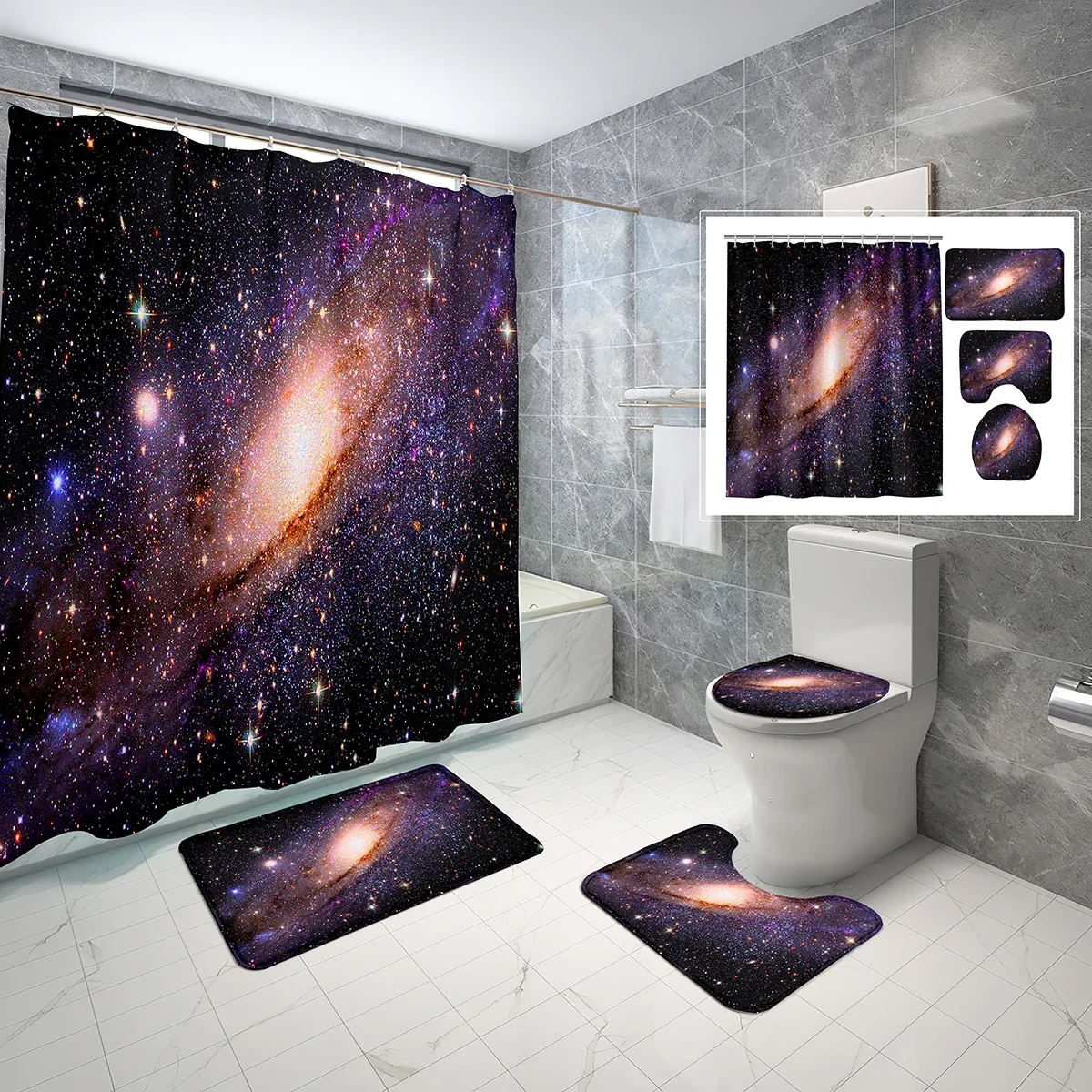 

Space Theme Shower Curtain Sets 4 Pcs with Non-Slip Rugs Mat Toilet Lid Universe Purple Galaxy Waterproof Shower Curtain Set