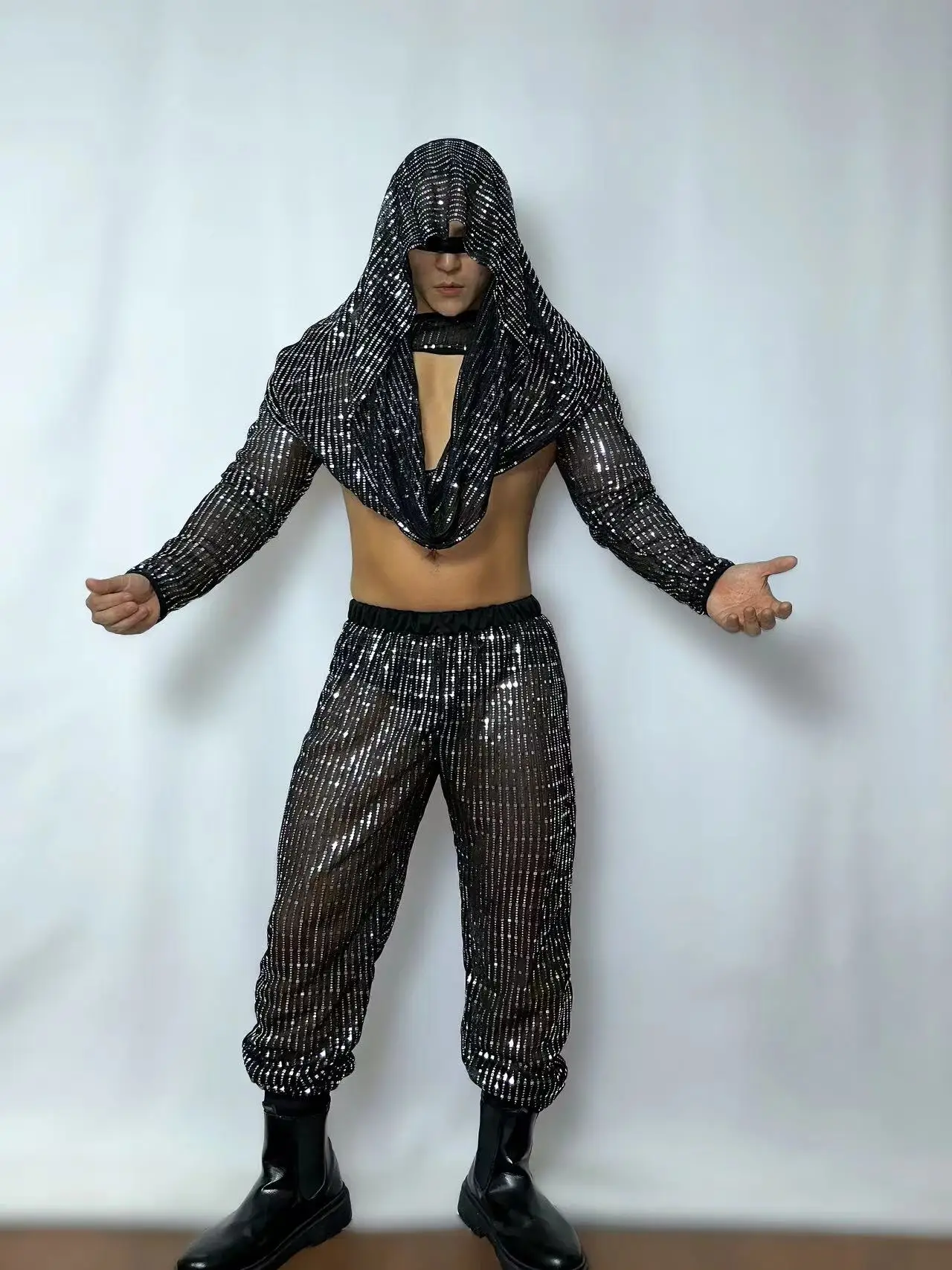 Zwarte Pailletten Uitsparing Top Transparante Broek Bar Nachtclub DJ Mannelijke Pole Dance Kleding Stage Rave Outfit Sexy Gogo Dance Kostuum