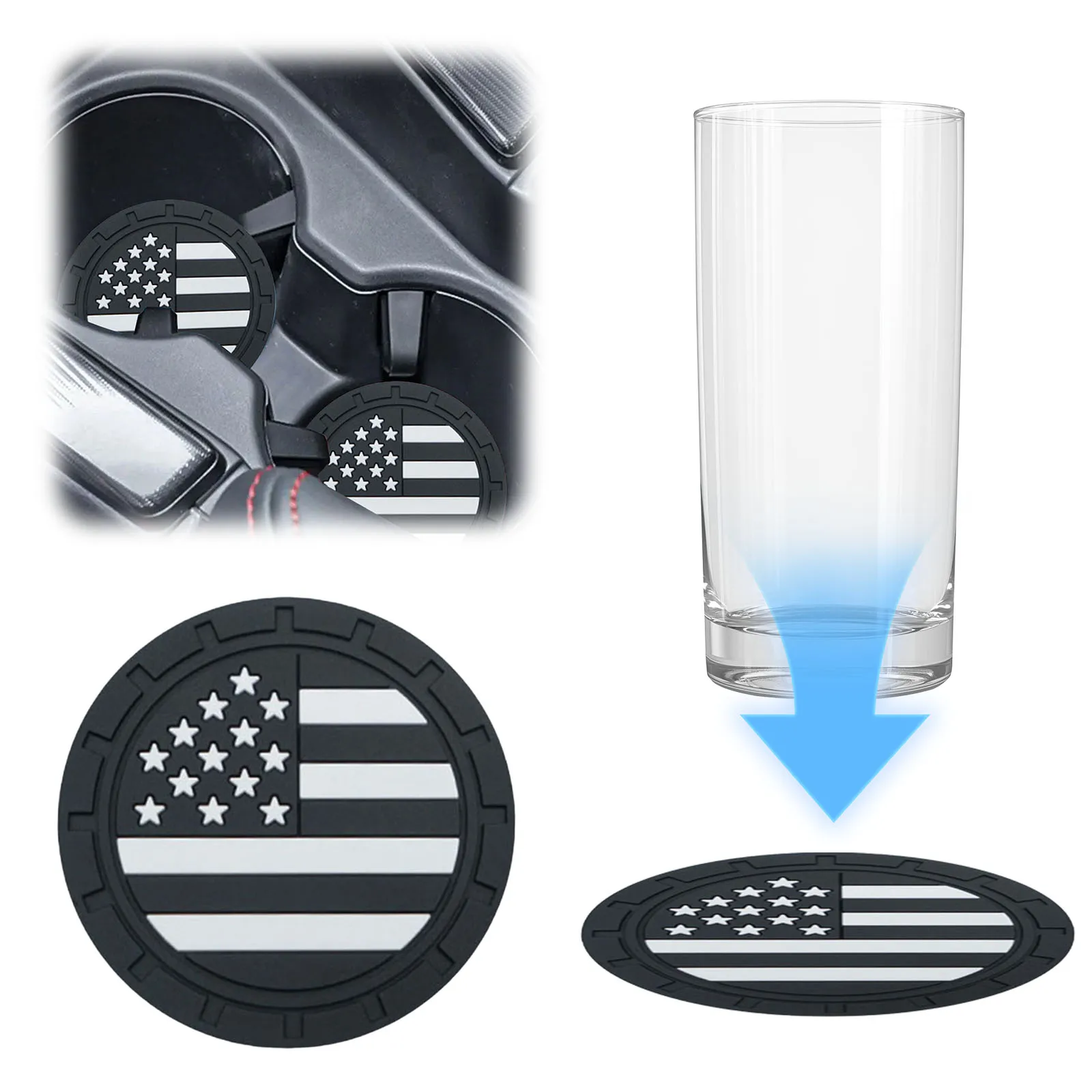 2pcs Car Cup Holder Coasters with American Flag Pattern Non-slip Rubber Mat for Bottle Holder 2.75 Inch Car Interior Accessories