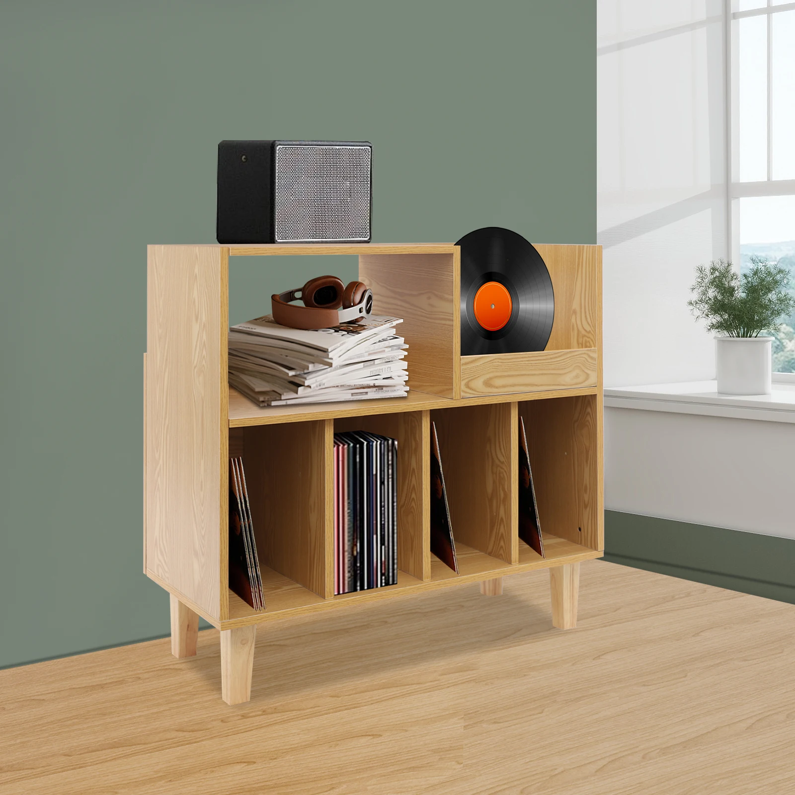 Image 3: Support de lecteur de disque vinyle, stockage d'effet en bois à 6 niveaux pour platine et disques, meubles Audio modernes 80x40cm