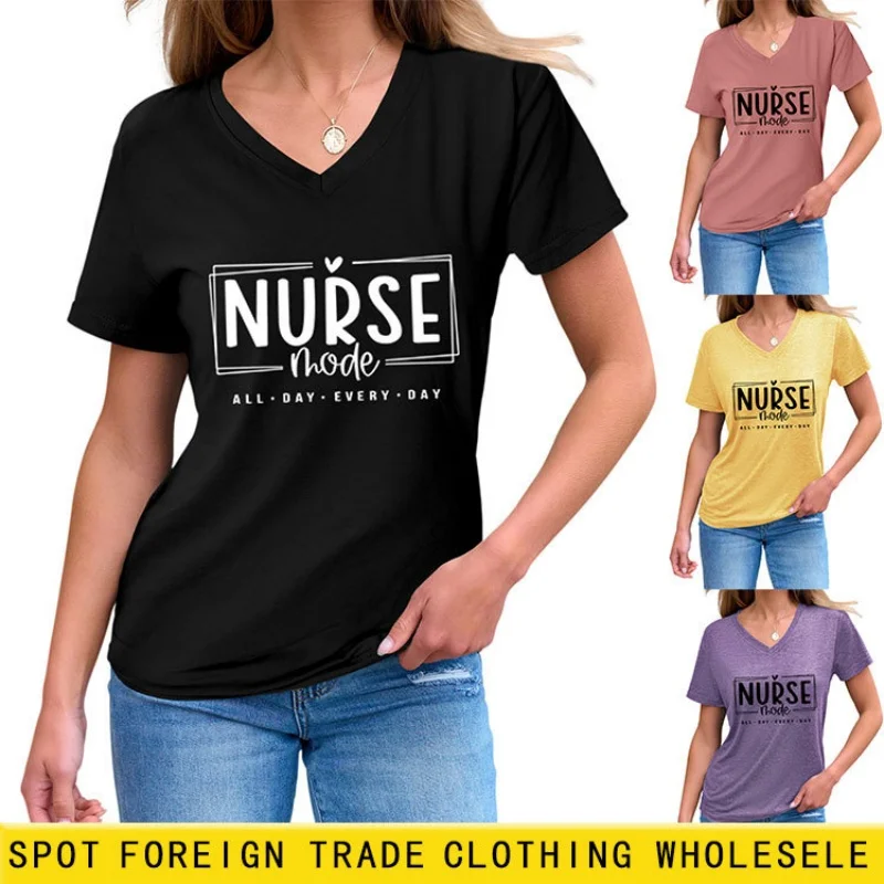 

Летняя женская футболка с V-образным вырезом и короткими рукавами, свободного кроя, новинка 2026 года, простой топ с буквенным принтом