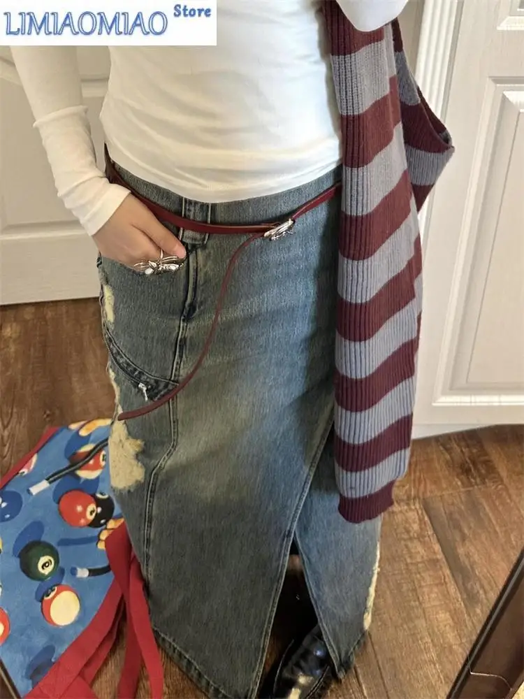 Women's Ripped Fish Tail Slit Denim Long Denim  Skirt Cool Girl Vintage Fashion Summer Female Straight Ankle-length Skirts
