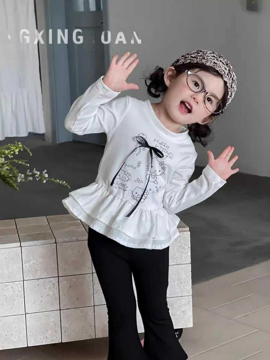 

Faionable Long Sve Ruffle T-irt for Girls White Cute under irt Children's Autumn Wear Casual Sle Stand Fit
