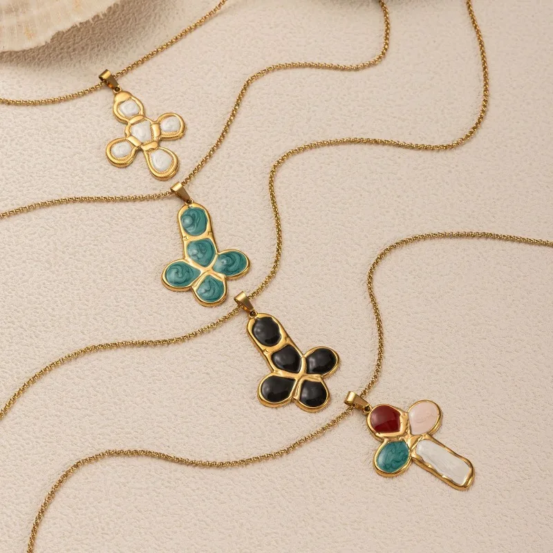 Vintage Gold Cross Necklace Soft Stone Effect Oil-Drop Cross Pendant Stainless Steel Chain Boho Jewelry Gift For Women