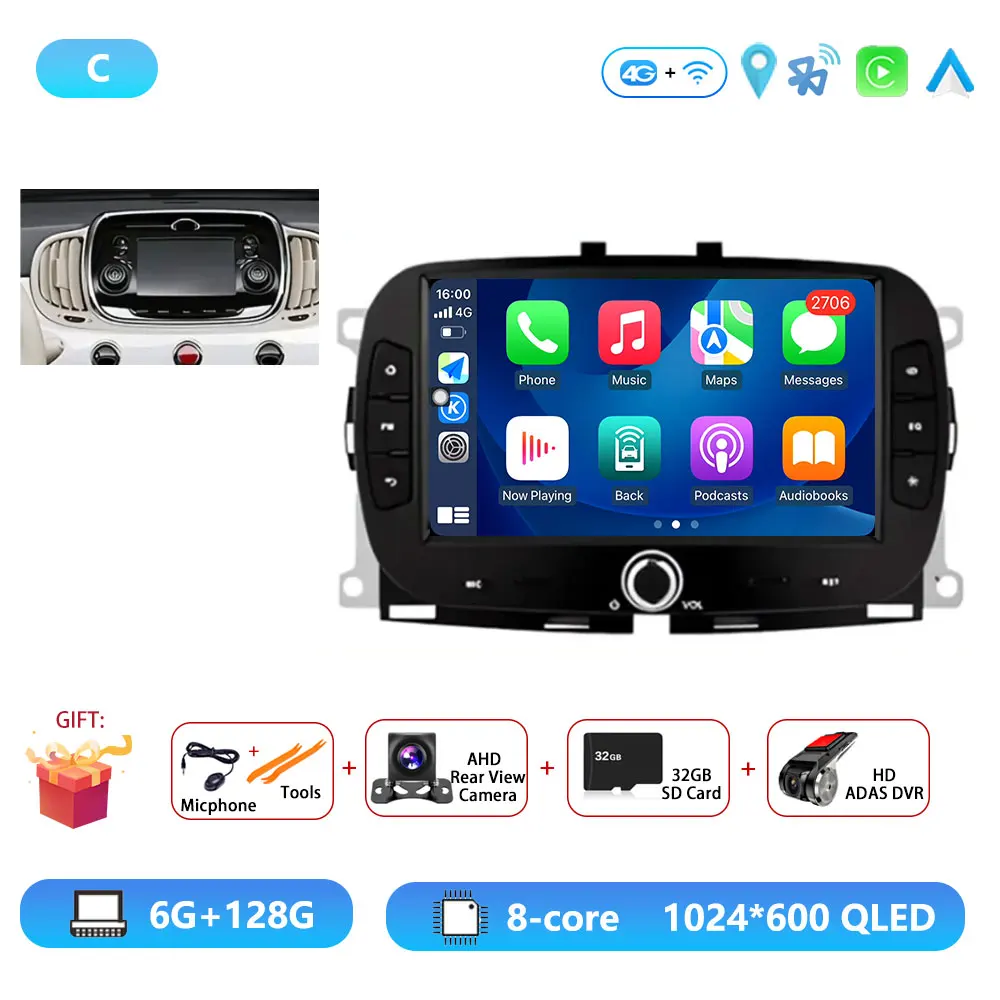 Android15 Voor Fiat 500 2016-2019 Autoradio Multimedia Speler Video Navigatie Carplay Stereo GPS WIFI DSP Carplay Android auto