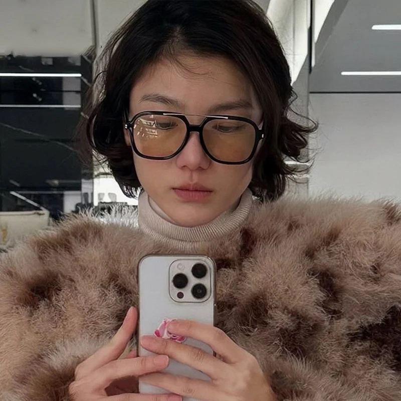 

Large Frame Pilot Sunglasses Women Double Chain Bridge Square Goggles Men Black Glasses Fashio Leopard Print Sunglasses UV400