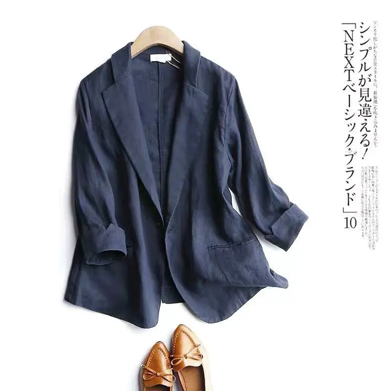 Women Loose Blazer Notched Lapel Rolled 3/4 Sleeve Solid Color Lightweight Casual Suit Jacket Outerwear