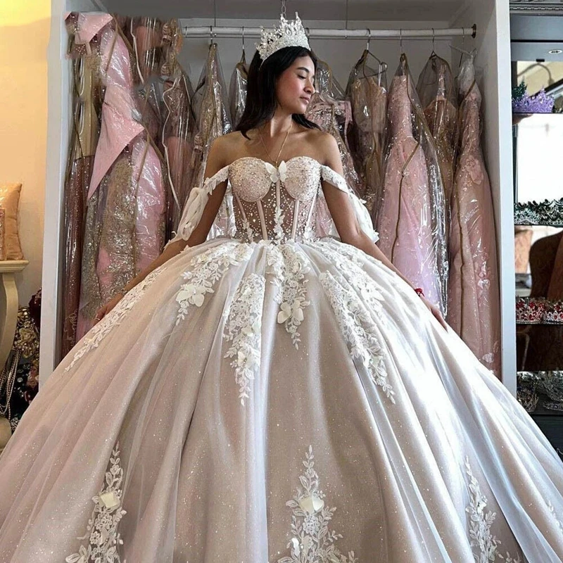 Vestido De baile De tul champán para quinceañera, hombros descubiertos, apliques De mariposas, Vestidos De fiesta De 15 Años, vestido De novia