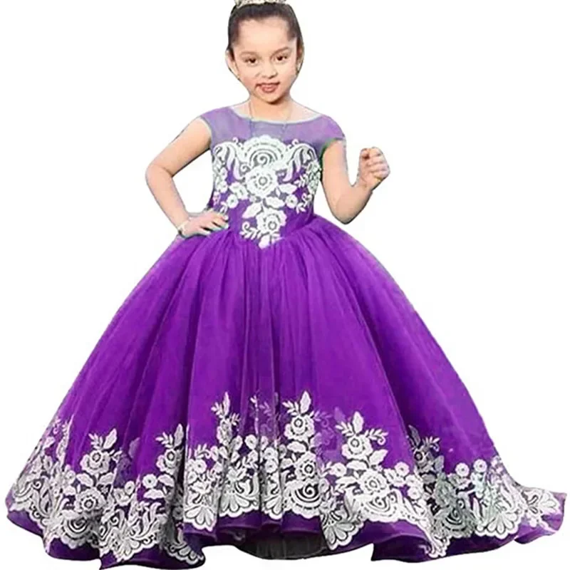 

Flower Girl Dress Appliques Baby Girls Party Cap Sleeves Ground Length Puffy Princess Dress Bow First Communion Gown