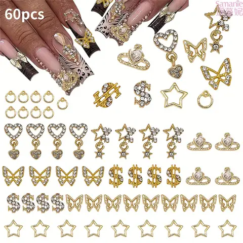 60Pcs Gold Alloy Nail Charms Mixed Rhinestone Heart Butterfly Star Dollar Sign Crown 3D Nail Ornaments DIY Manicure Decor for Salon Home Nail Art