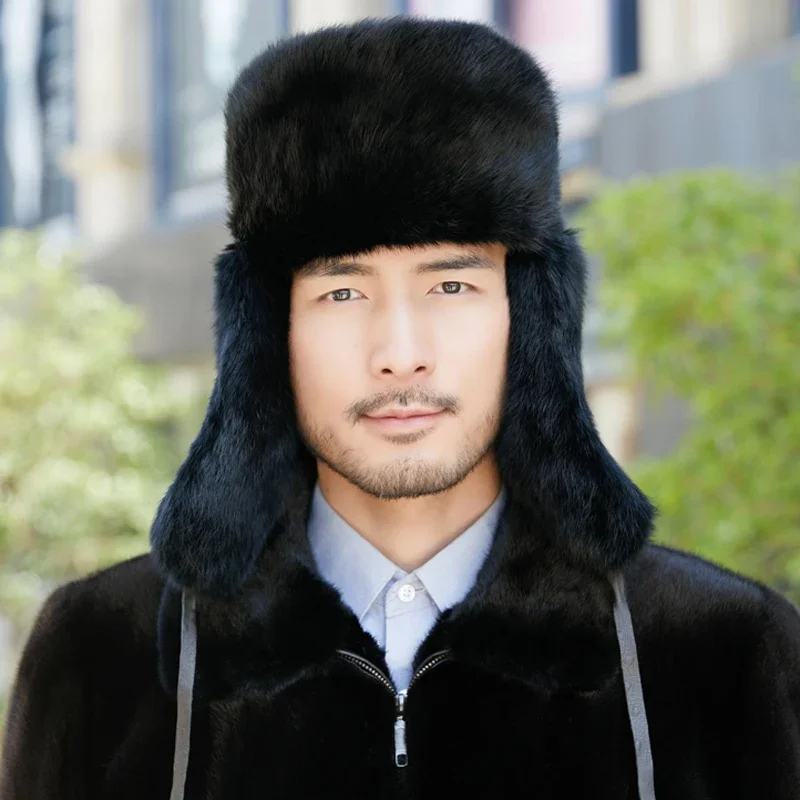 100% Fur Rabbit Fur Cap Man Winter Genuine Bomber Hat Windproof Warm Earmuffs Male Flat Grey/Black Russian Hat Fitted Casquette