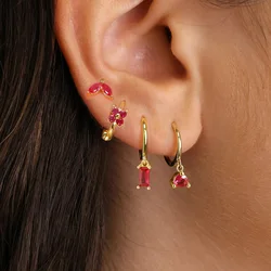 4PCS Stainless Steel Huggies Hoop Earrings Set For Women Rose Red Crystal Zirconia Unique Cartilage Earrings Piercing Jewelry