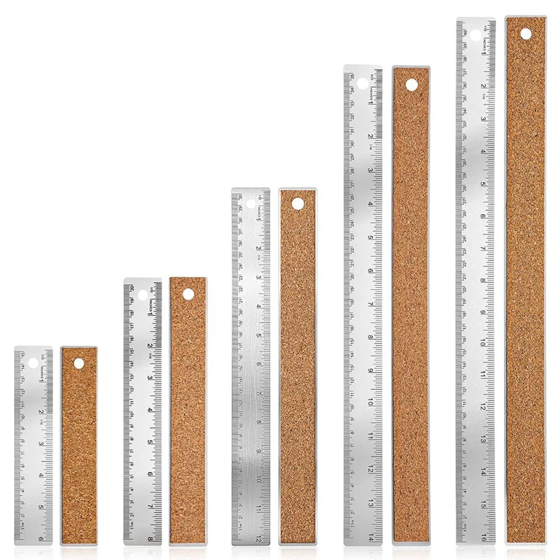 AT82-5Pcs Cork Backed Ruler Stainless Steel Ruler, 6/8/12/14/16 Inch Metal Ruler,Straight Edge Ruler Non-Slip Metal Rulers