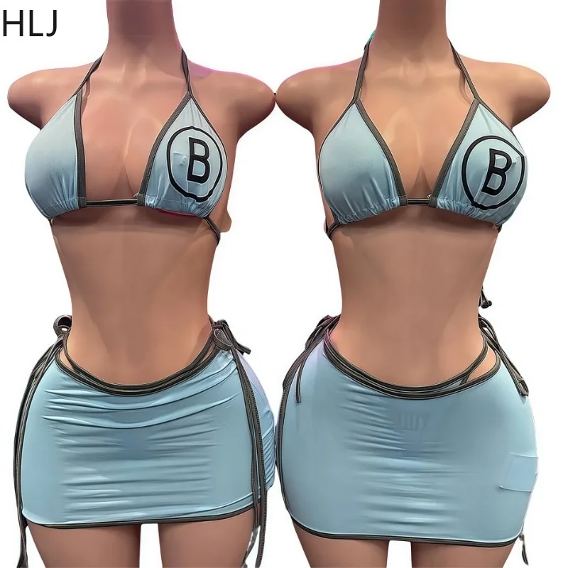 HLJ Sexy Letter Printed 3 Piece Bikini Set Women Backless Trend Bandage Bra + Thong + Skirt Matching Swimwear Female Clothing