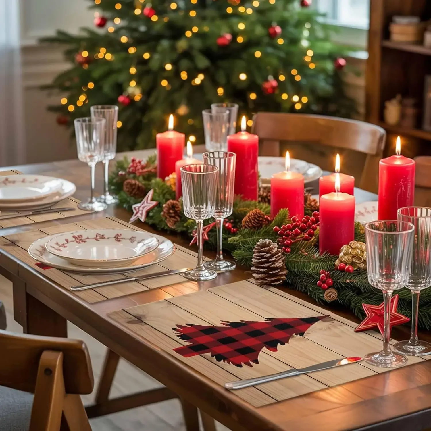 Merry Christmas Xmas Tree Wood Grain Table Mats for Kitchen Dining Decor Reusable Winter Holiday Placemats Navidad Decorations