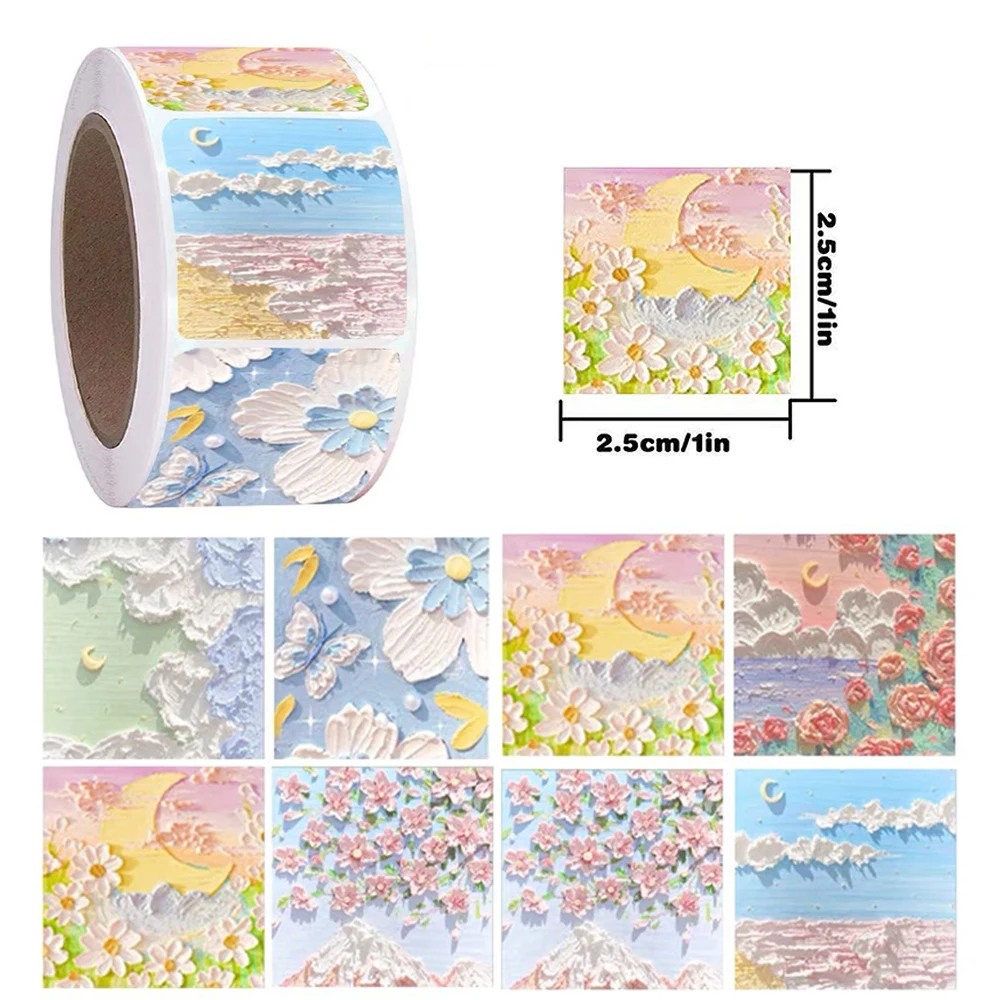 500pcs/roll INS Healing Style Oil Painting Landscape Stickers Cartoon Sealing Sticker DIY Stationery Notebook Phone Cute Decals