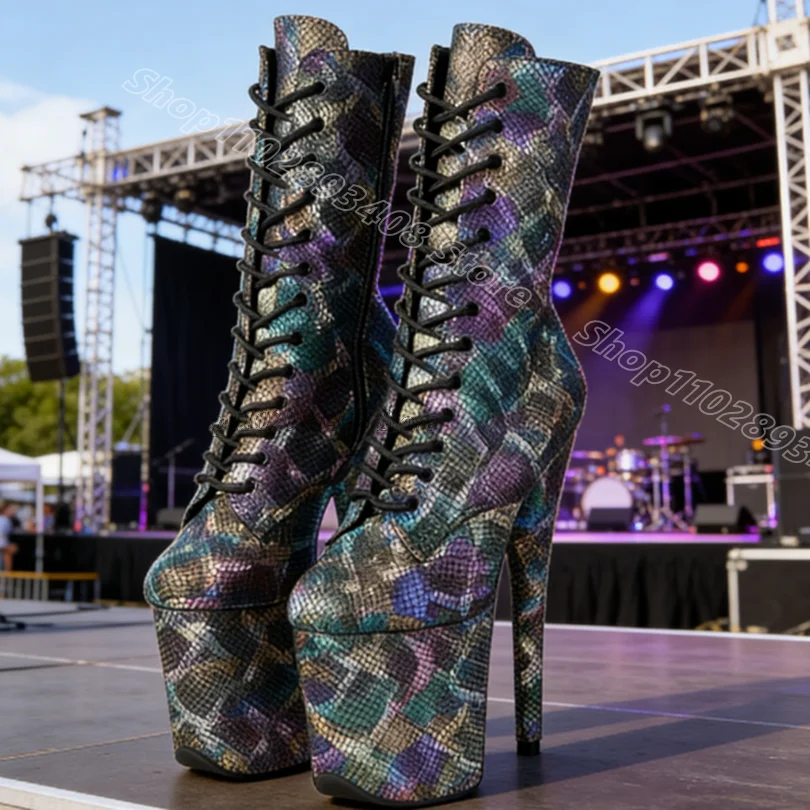 Glitter Snakeskin Platform Boots Stiletto Side Zipper Lace up Performance Women Party Dancing Short Boots Zapatos Para Mujere