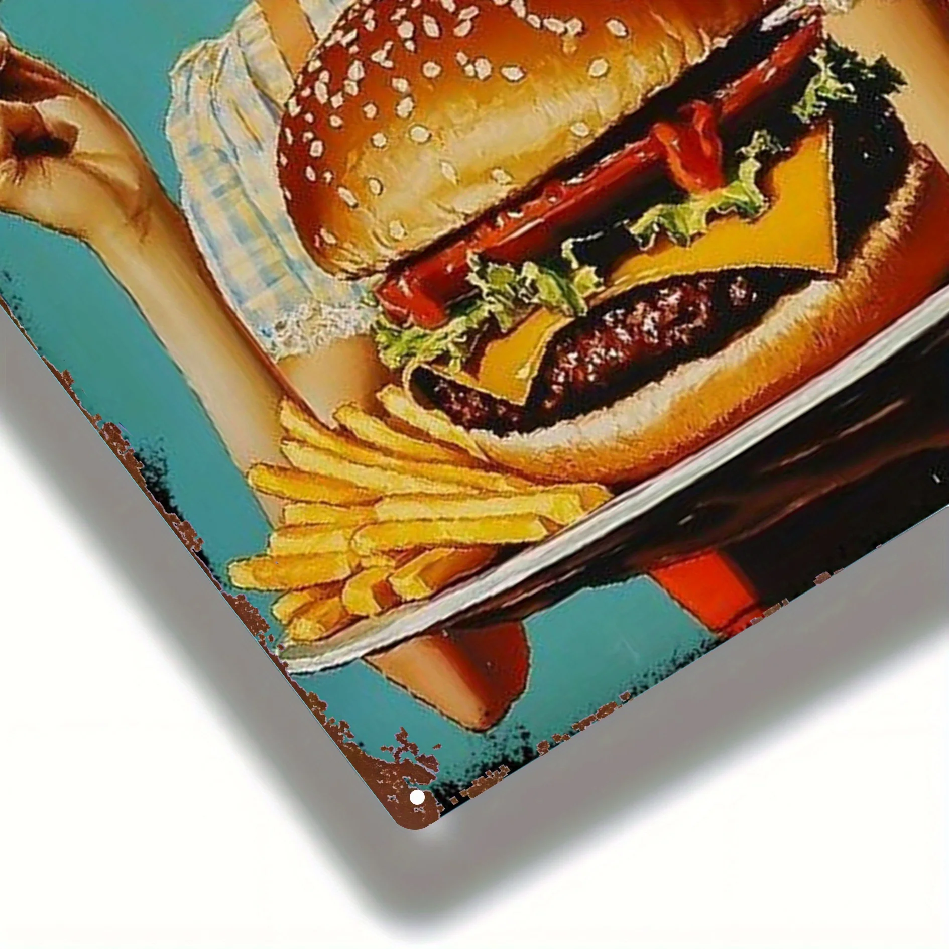 ديكور حائط معدني عتيق من الخمسينيات القرن العشرين همبرغر وبطاطس - ملصق لافتة ريترو للوجبات السريعة للمطبخ والبار والمقهى - 8 × 12 بوصة