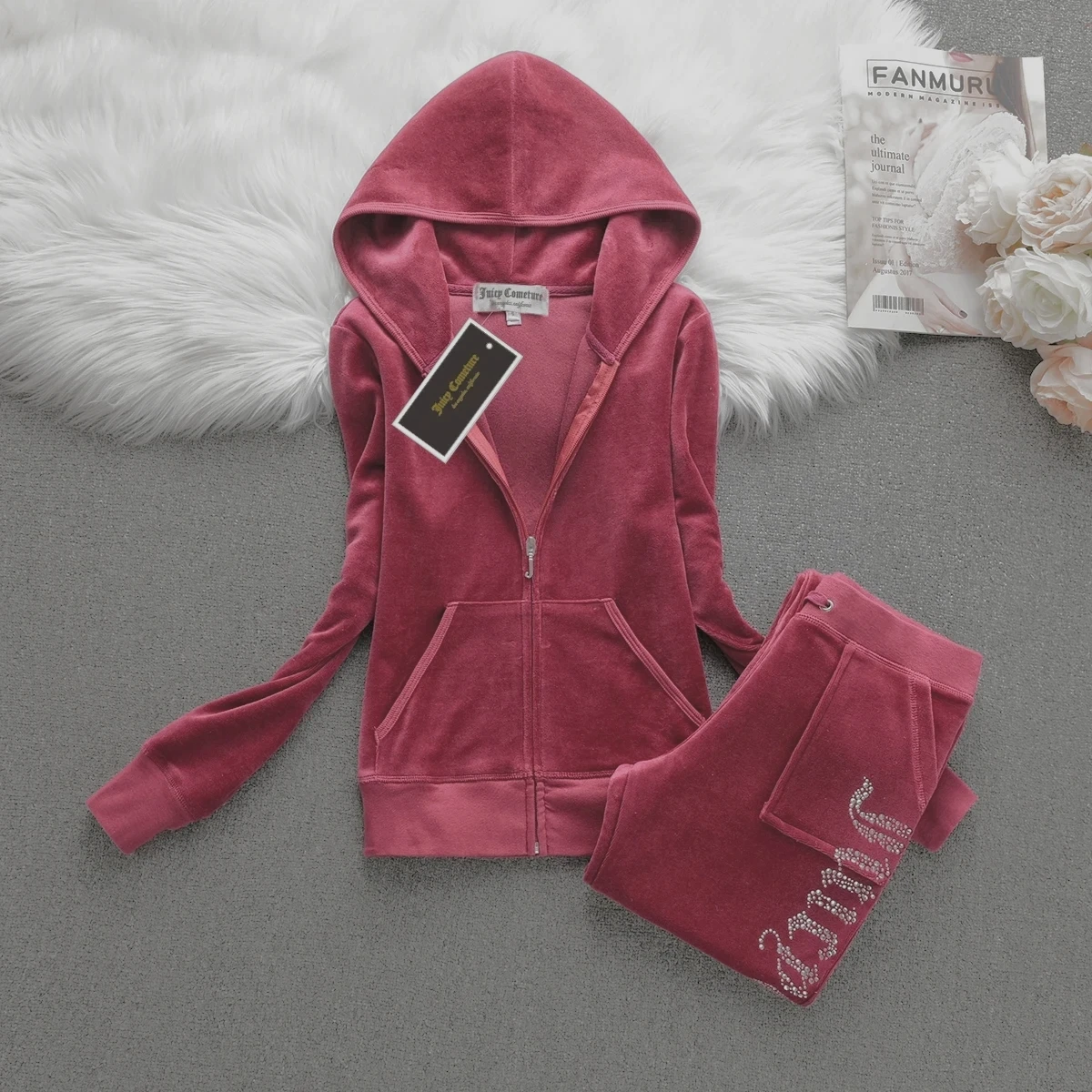 Juicy Cometure Velvet Tracksuit Women\'s Casual Hooded Sweatshirt Set Original Velvet High  J Zipper Hooded Sweatshirt + Trousers