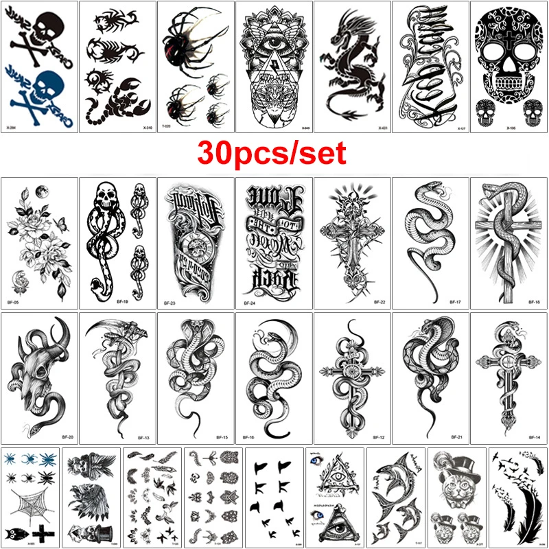 5 Stuks/10 Stuks/20 Stuks Dood Eters Donkere Mark Tijdelijke Tatoeages Zwart Cartoon Skelet Slang Lichaam Kunst Waterdichte Nep Tatoo Sticker