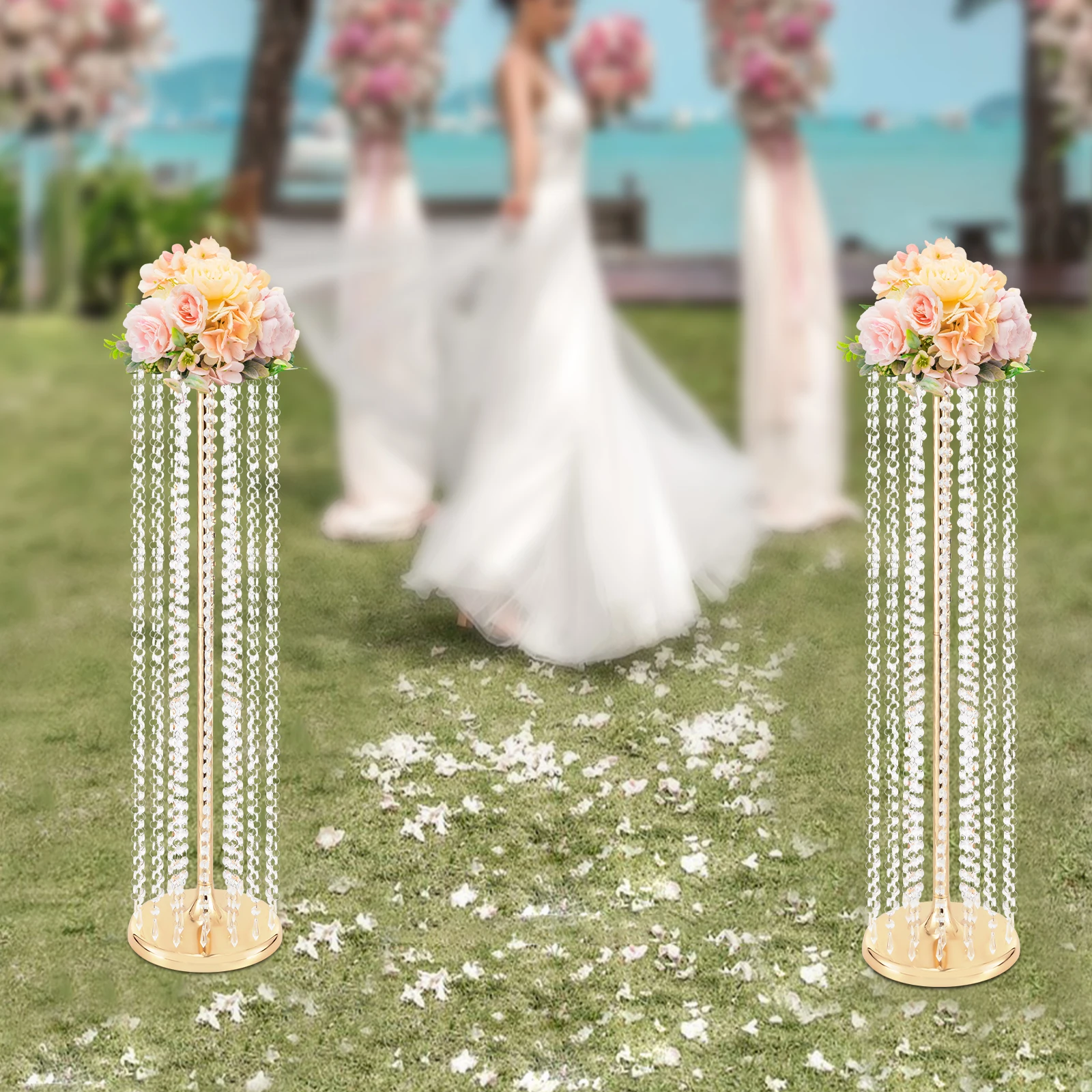 

2 Pack 35.4" Gold Crystal Flower Stands - Acrylic Beaded Wedding Centerpieces for Table Decor, 9.4in Stable Base (JJOU76O6WDZJ8)
