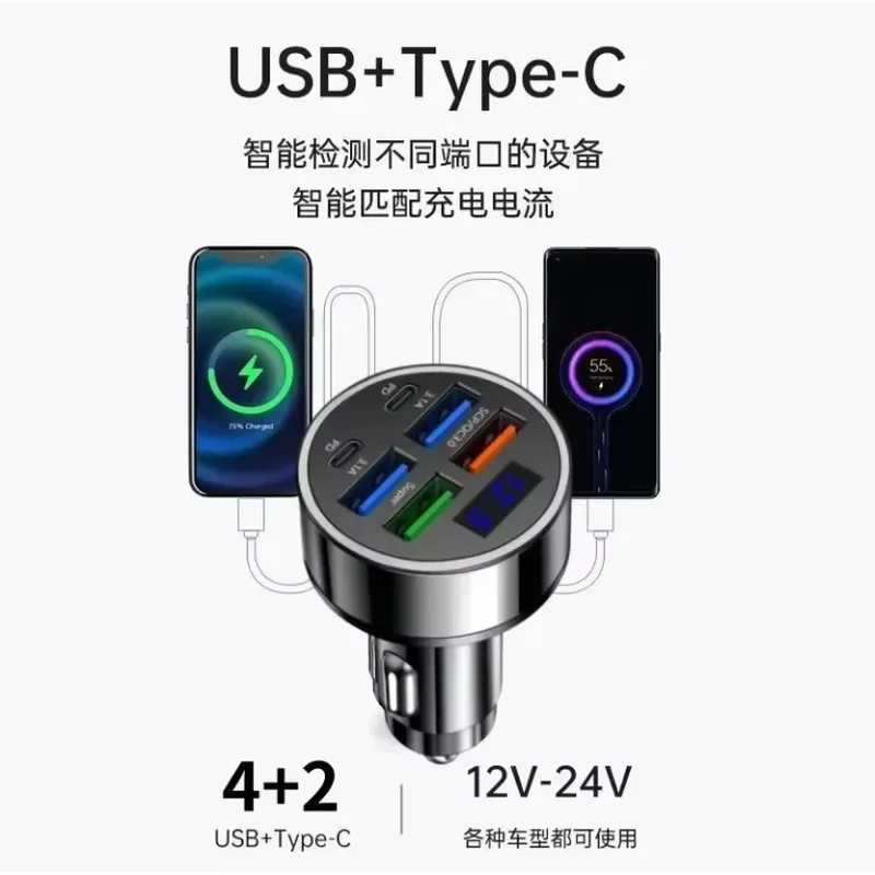 6-in-1 Car Phone Charger with Digital Voltage Display Dual USB-C PD Fast Charging 12V to 24V Compatible with 15 Pro