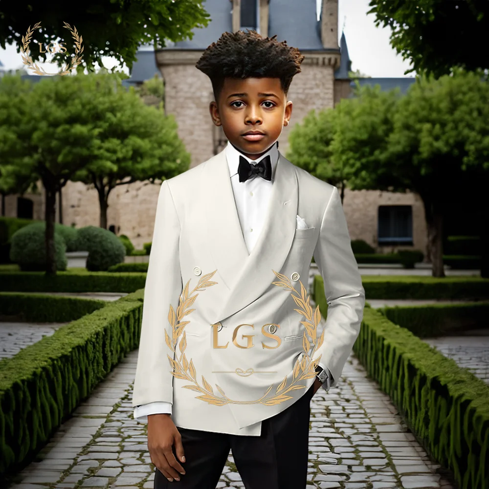 

Boys' 2-Piece Ivory White Jacket and Black Trousers, Double-Breasted with Shawl Collar, Perfect for Weddings and Formal Events