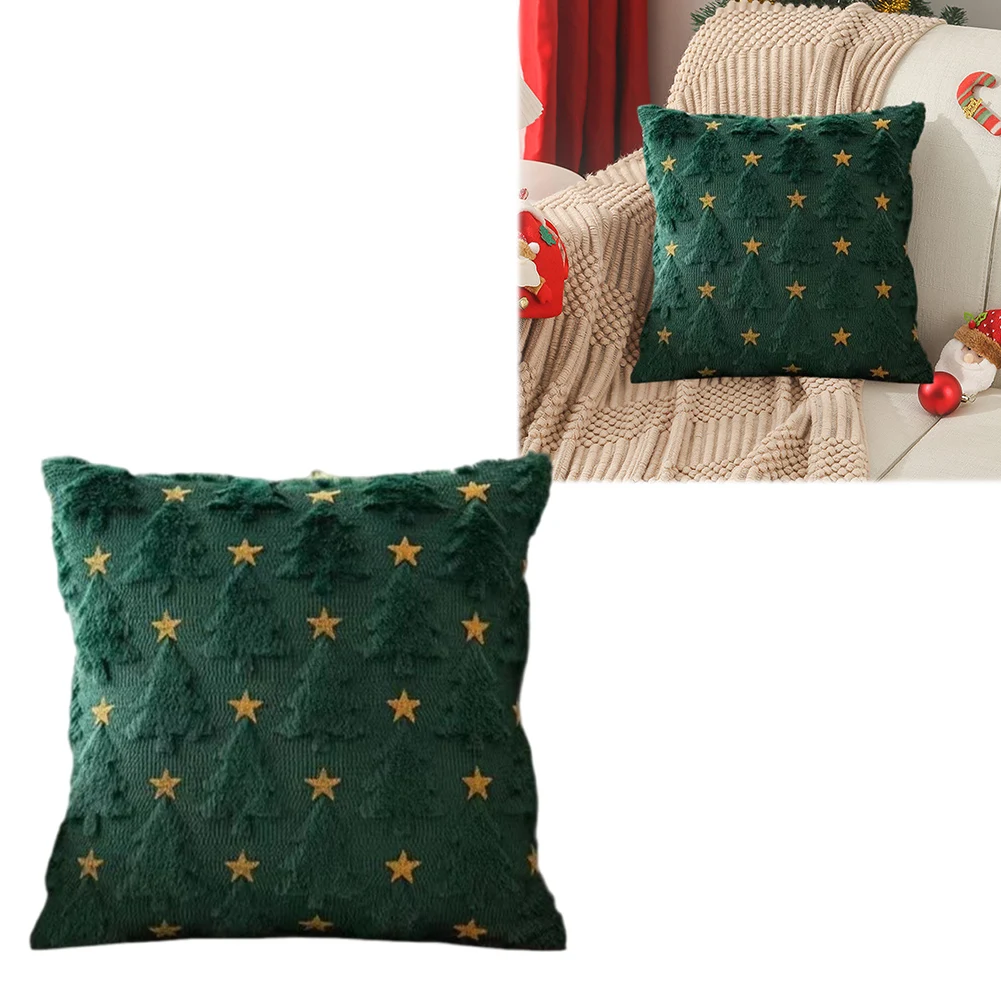 

Christmas Pattern Throw Pillow Cover with Yellow Star Faux Fur Xmas Tree Cushion Cover for Winter Holiday Decoration