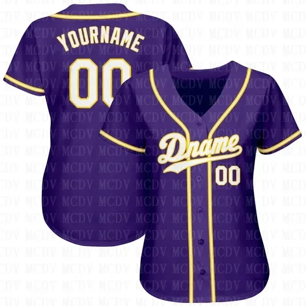 Custom Purple White-Gold Authentic Baseball Jersey  Personlized Football Short Sleeves Athletic Tee Shirts Unisex Top