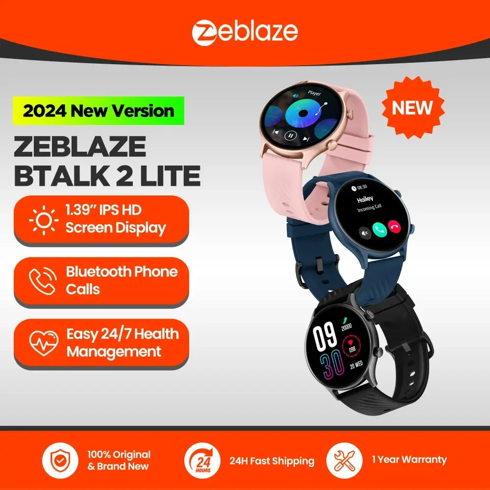 New 2024 Zeblaze Btalk 2 Lite Voice Calling Smart Watch Large 1.39'' IPS Display 100+ Sports Modes 24H Health Monitor Smartwatch